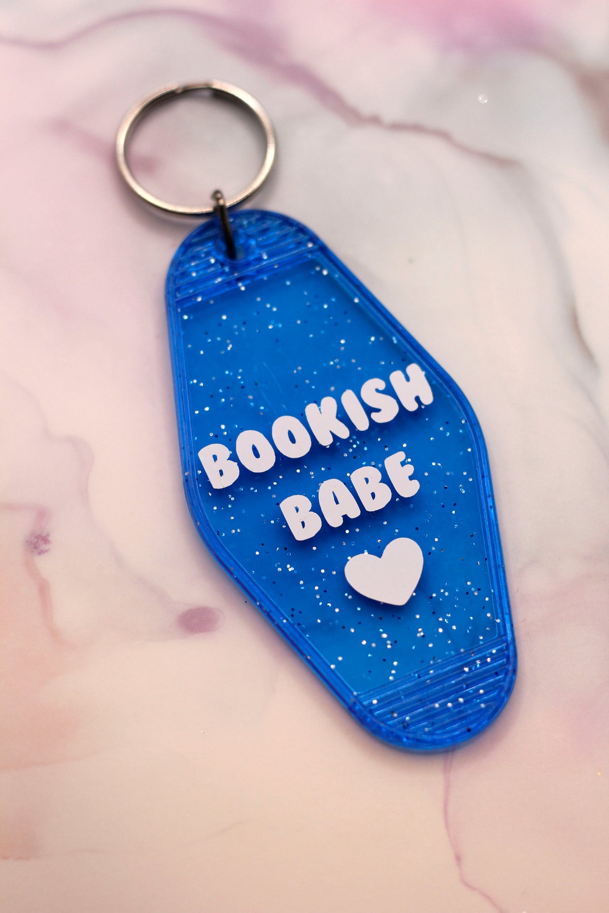 Bookish Babe Blue Glitter Acrylic Motel Keychain