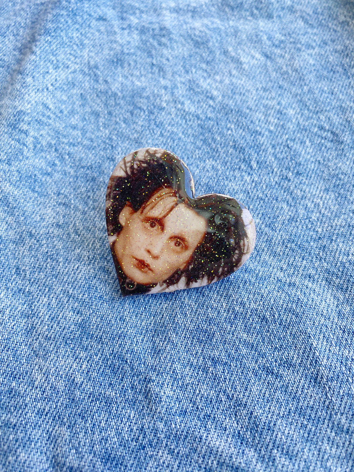 Scissorhands Heart Glitter Resin Wood Pin