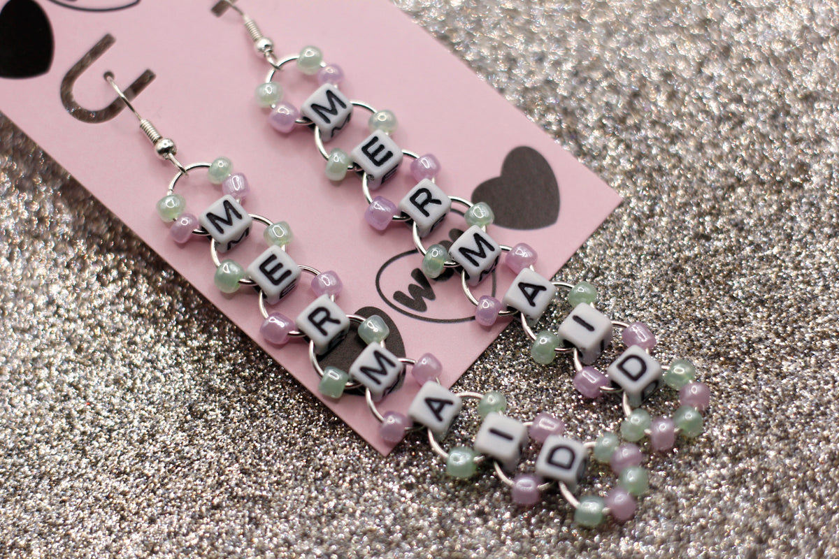 Mermaid Letter Bead Earrings - Mint/Lavender