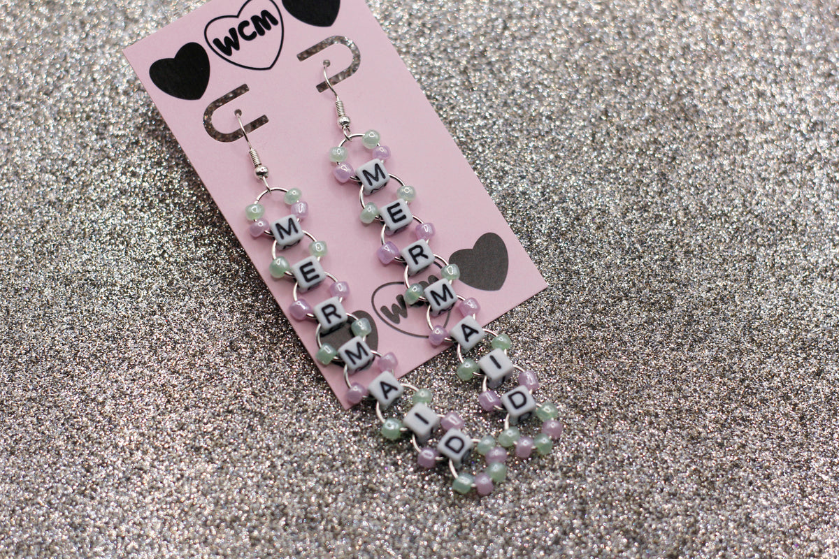 Mermaid Letter Bead Earrings - Mint/Lavender