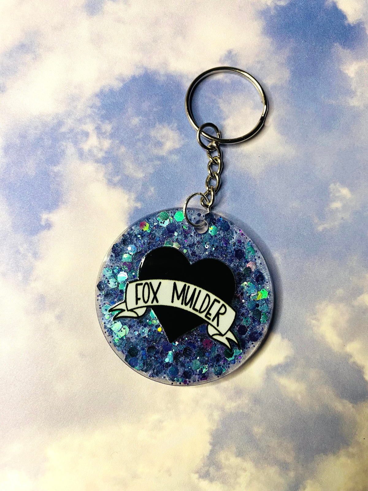 Fox Heart Blue Glitter Acrylic Circle Keychain
