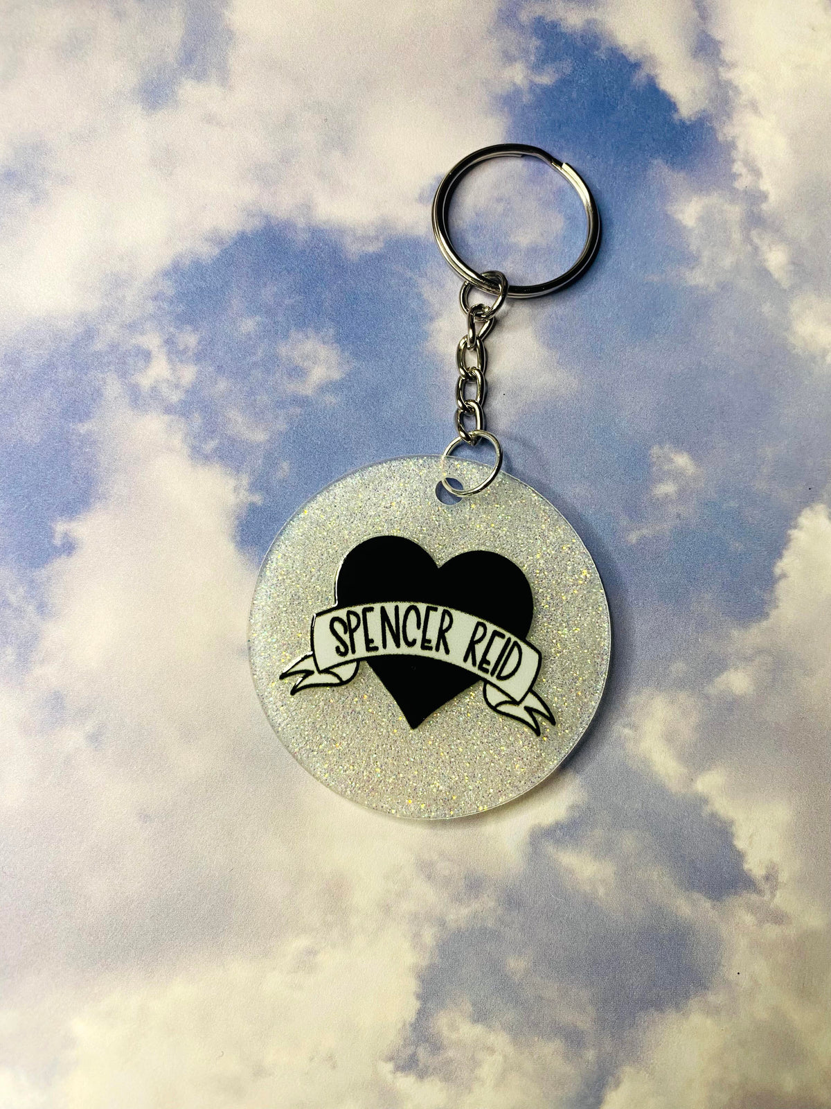 Spencer Heart White Glitter Acrylic Circle Keychain