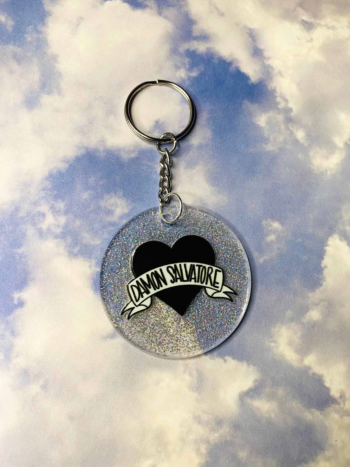 Damon Heart Holographic Glitter Clear Acrylic Circle Keychain
