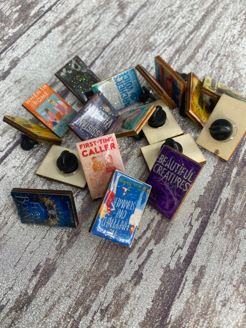 Custom Book Cover Glitter Resin Wood Pin