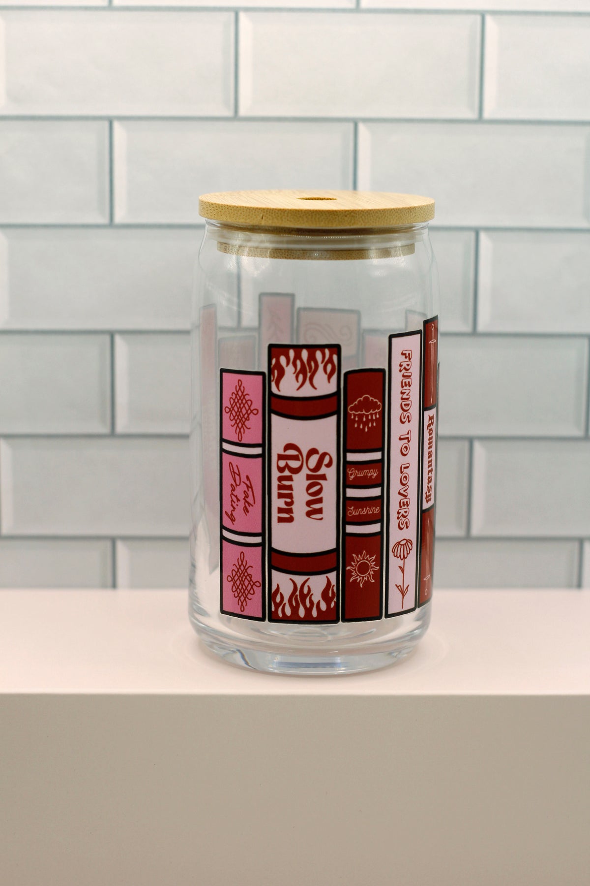 Romance Book Spines Glass Can - Pink and Red