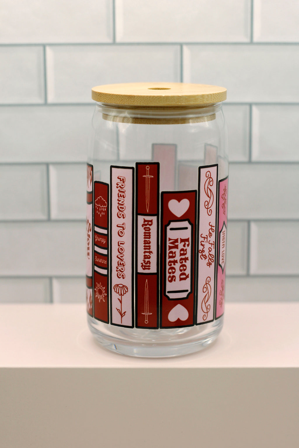 Romance Book Spines Glass Can - Pink and Red