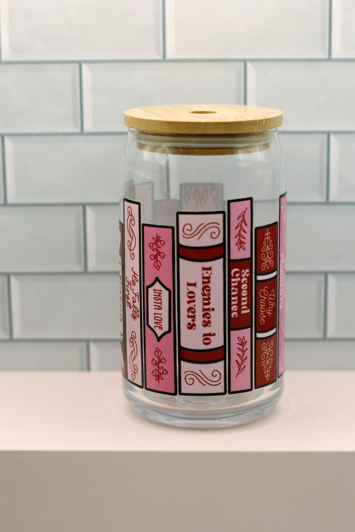 Romance Book Spines Glass Can - Pink and Red