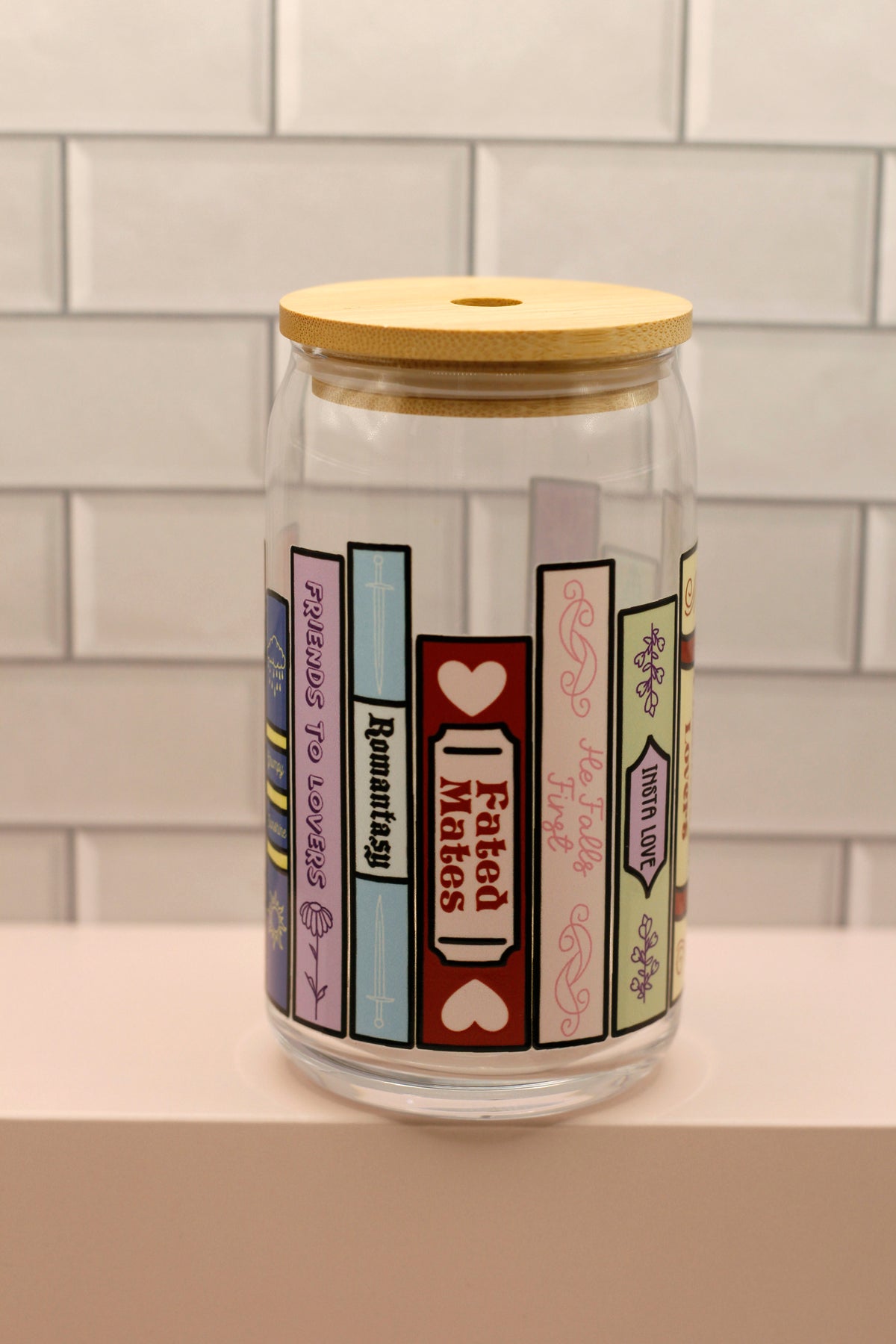 Romance Book Spines Glass Can - Rainbow