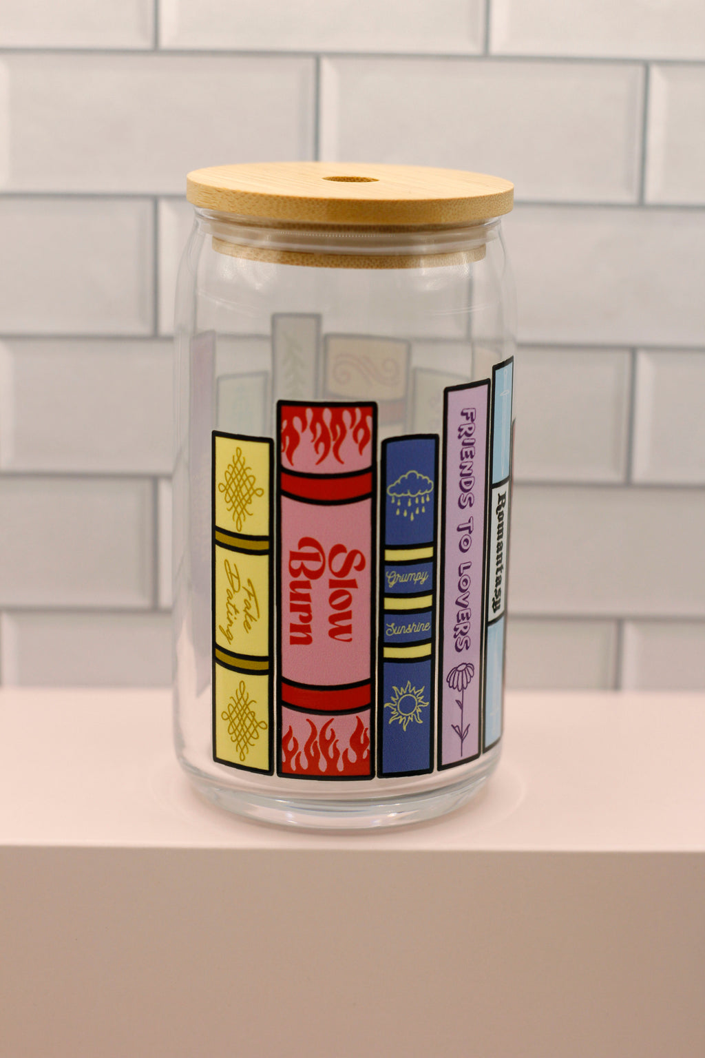 Romance Book Spines Glass Can - Rainbow