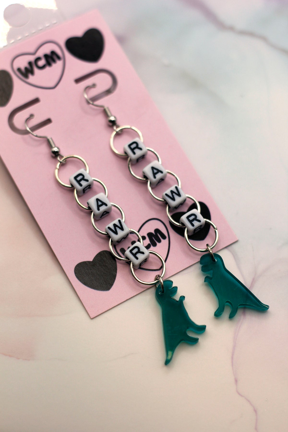 Rawr Letter Bead Earrings - Green Tyrannosaurus Rex