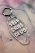 Self Care Club Clear Glitter Acrylic Motel Keychain