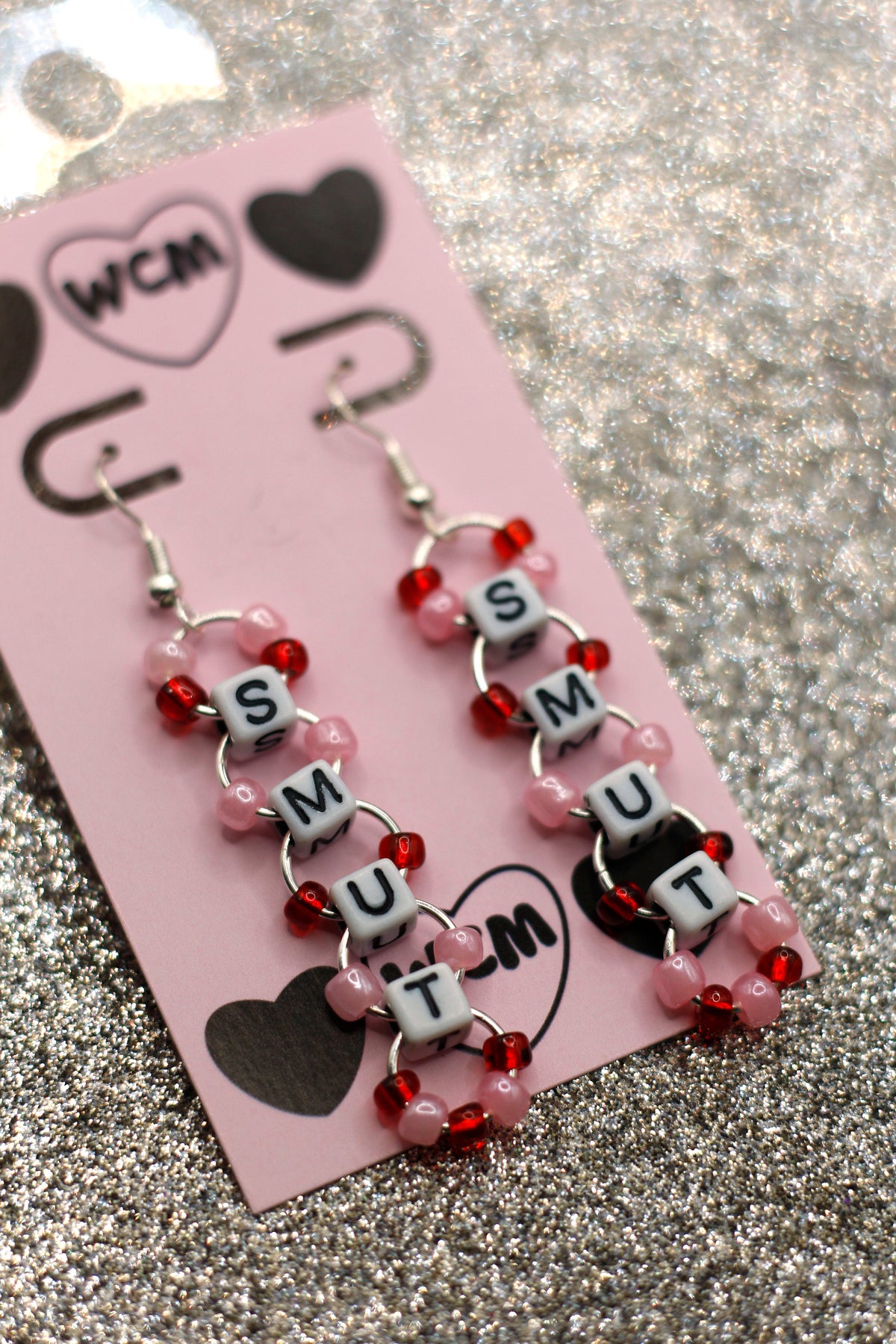 Smut Letter Bead Earrings - Pink/Red